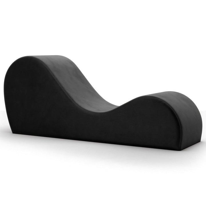 Liberator Cello Chaise in black microfiber velvet, S-curve silhouette, angled front view