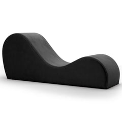 Liberator Cello Chaise in black microfiber velvet, S-curve silhouette, angled front view