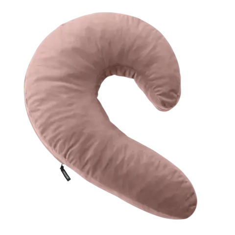 Liberator Lune Side Snuggle Pillow in rose pink velvet, curved J-shape on white background