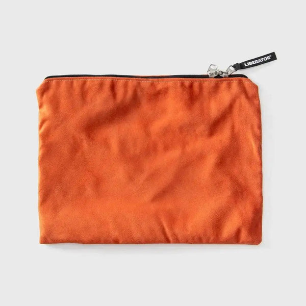 Liberator Zappa toy bag in mandarin orange velvet with black zip and branded pull