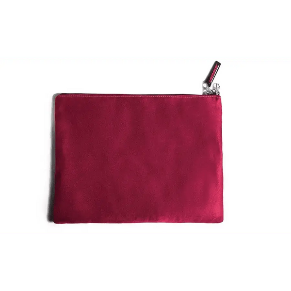Liberator Zappa Toy Bag in cherry red microsuede with silver zipper, front view