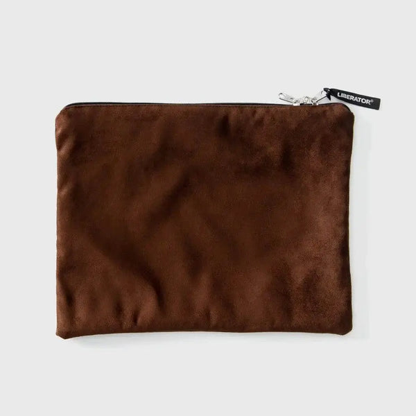 Liberator Zappa Toy Bag in chocolate brown microsuede with black zip closure