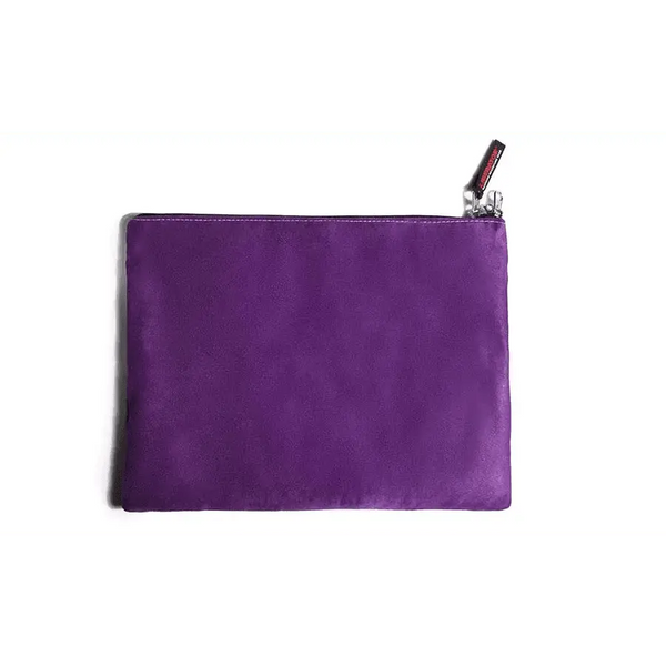 Liberator Zappa Toy Bag in grape purple microsuede, flat front view with silver zipper
