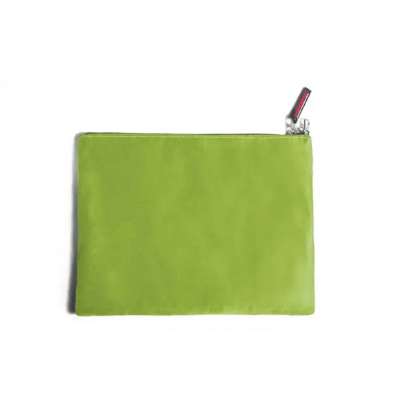 Liberator Zappa Toy Bag in lime green microsuede with silver zipper pull, front view