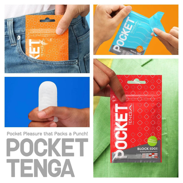 Lifestyle collage showing Pocket Tenga pouches in pockets, hands opening pack, sleeve held