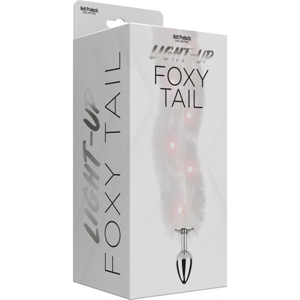 Light Up Foxy Tail packaging showing white fluffy tail and silver metal plug base