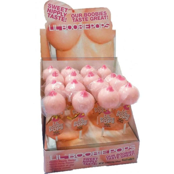 Lil Boobie Pops display box with 9 pink novelty lollipops, breast-shaped candy on sticks
