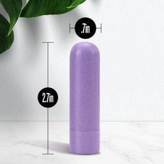Lilac Gaia Eco Bullet measuring 2.7 inches tall and 0.7 inches wide on marble