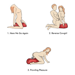 Line-art diagram of three suggested positions using the Deluxe Wand Saddle positioning cushion
