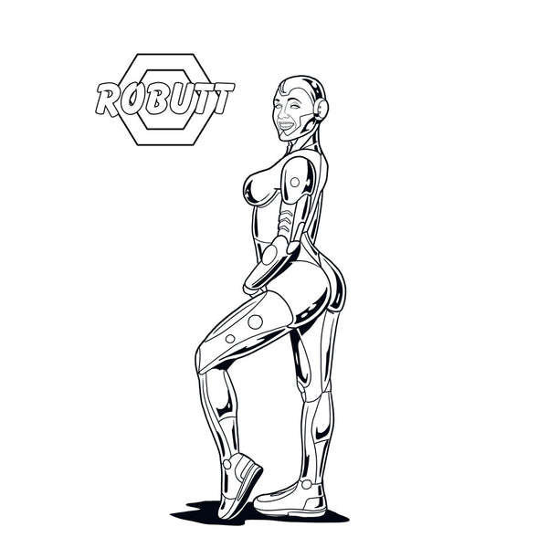 Line-art Robutt page featuring a feminine robot figure posed in profile, ready to color