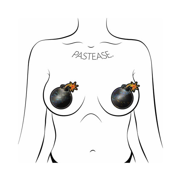 Line-drawing body form showing bomb-shaped pasties worn as nipple covers, fuse detail at top