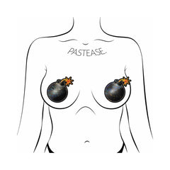 Line-drawing body form showing bomb-shaped pasties worn as nipple covers, fuse detail at top