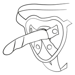 Line drawing diagram of Dizi dildo inserted into a strap-on harness O-ring