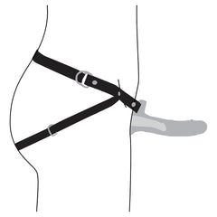 Line-drawing diagram showing side-profile fit of strap-on harness with hollow silicone extension
