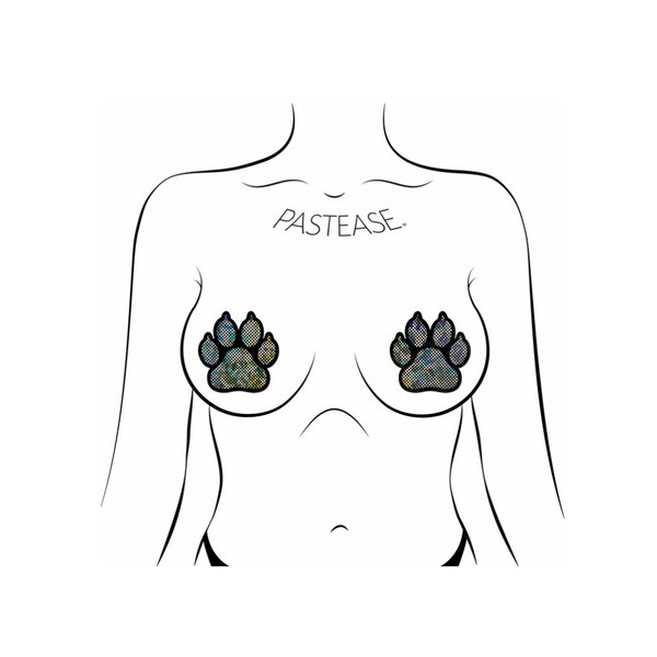 Line drawing showing holographic paw print pasties worn on chest for size reference