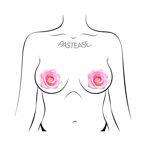 Line drawing showing pink glitter rose pasties worn on chest, illustrating placement and size on the body