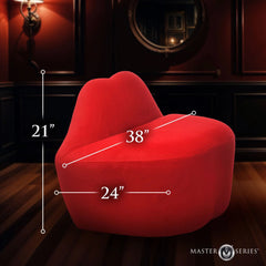 Lips Loveseat dimensions shown: 38 inches wide, 24 inches deep, 21 inches tall, red velvet