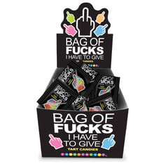 Little Genie display box holding multiple Bag of Fucks I Have to Give individual candy packets for retail
