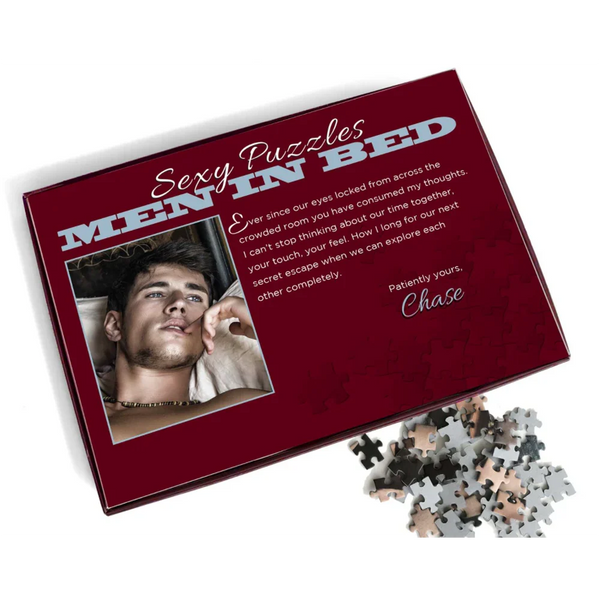 Little Genie Men In Bed puzzle box back panel with Chase character photo and romantic written message