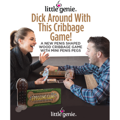 Little Genie Pegging Game cribbage set displayed on table while two adults play cards