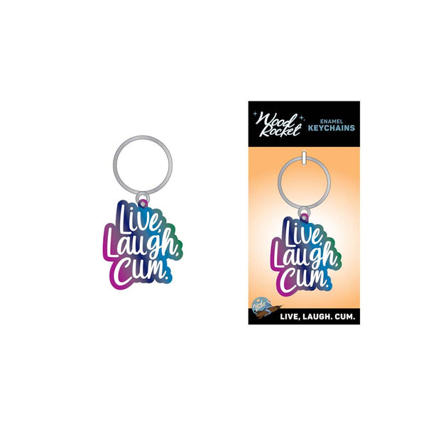 Live Laugh Cum keychain beside its orange Wood Rocket retail card packaging, back view