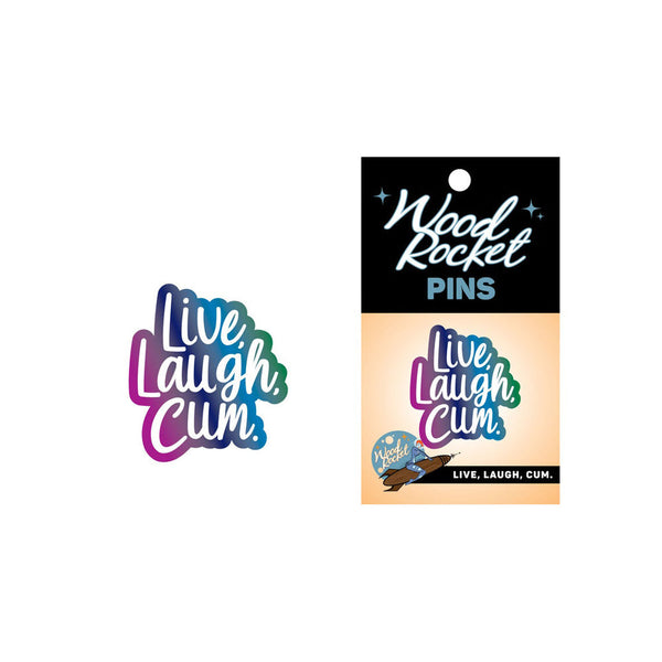 Live Laugh Cum pin beside its black Wood Rocket Pins card backing, showing front and package