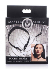 Lock-It Heart choker product packaging showing black band, heart lock, and two included silver keys