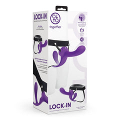 Lock-In strap-on product box back panel showing purple dual-ended dildo and adjustable black harness