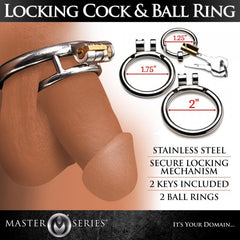 Locking Cock & Ball Ring size guide showing 1.25in, 1.75in, and 2in ring options with key included