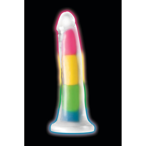 Lollicock 7in Glow-in-the-Dark Rainbow Silicone Dildo front view on black background