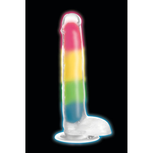 Lollicock 7" Glow-in-the-Dark Rainbow Silicone Dildo glowing with vivid multicolour bands