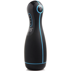 Love Botz Auto Milker Extreme black handheld masturbator with blue accent stripe and control buttons