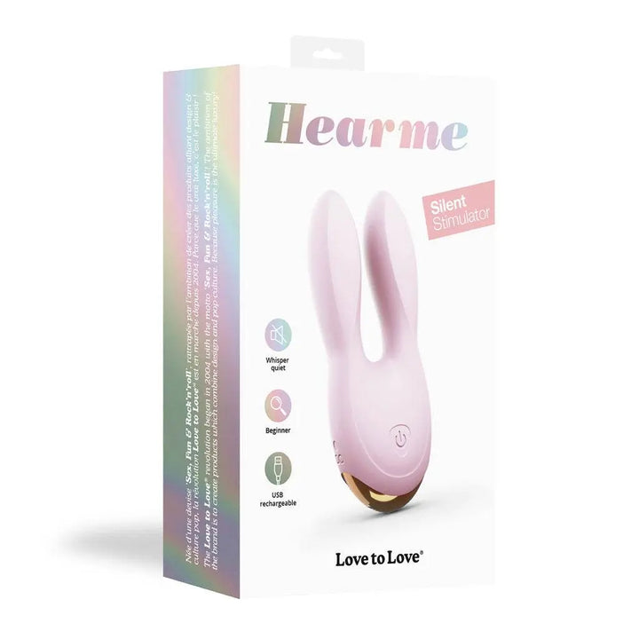 Love to Love Hear Me pink rabbit vibrator in box, whisper-quiet silicone clitoral stimulator