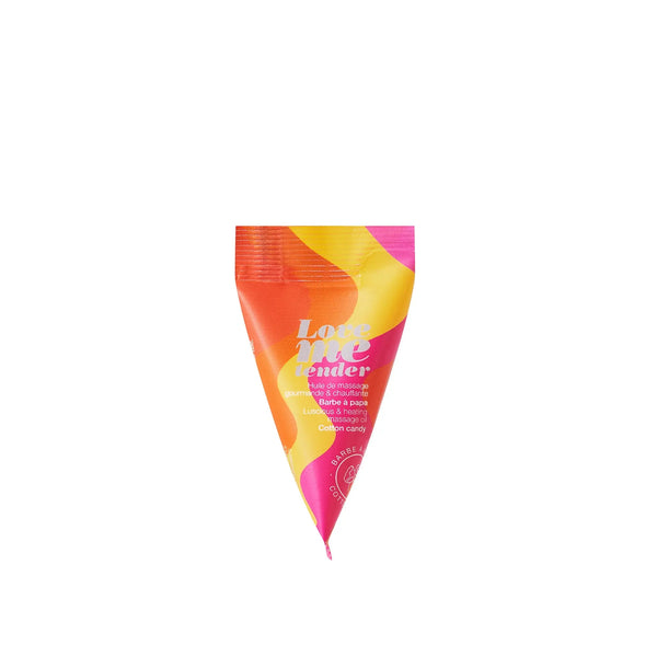 Love Me Tender massage oil sachet in cotton candy scent, cone-shaped pink orange yellow packet