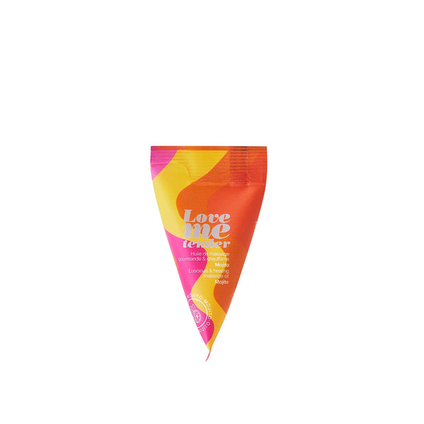 Love Me Tender massage oil sachet by Love to Love in orange, pink and yellow triangle shape