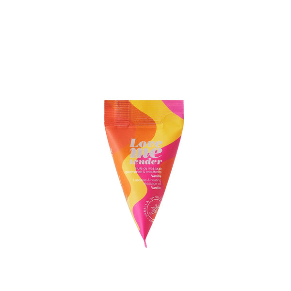 Love Me Tender vanilla massage oil single-use sachet in pink, orange and yellow triangle shape