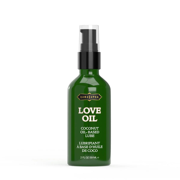 Close-up of Love Oil coconut oil-based lube in dark green glass pump bottle, 59 ml