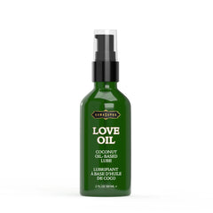 Close-up of Love Oil coconut oil-based lube in dark green glass pump bottle, 59 ml