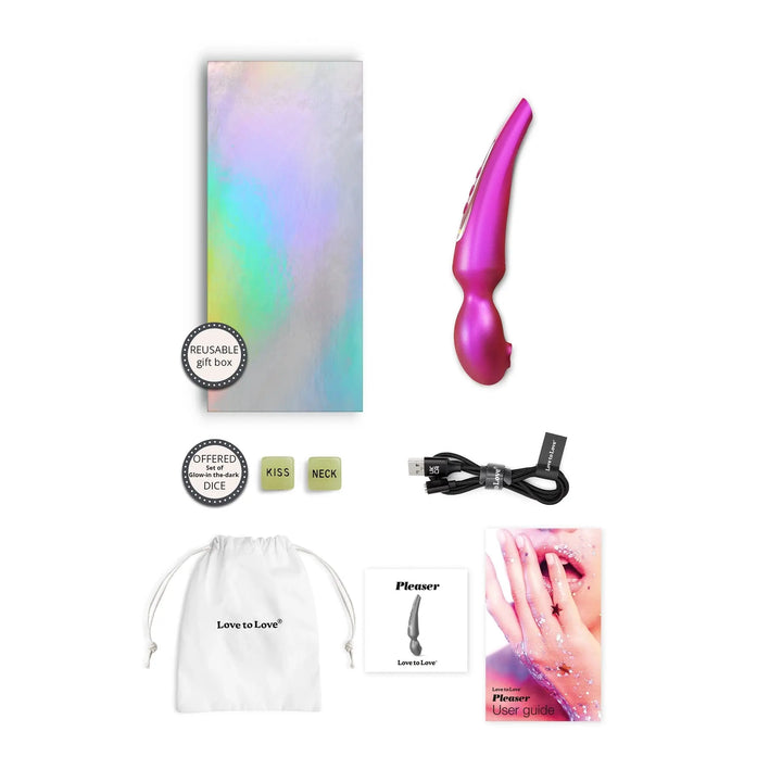 Love to Love Pleaser Iridescent Berry vibrator full kit with holographic box, USB cable, and pouch
