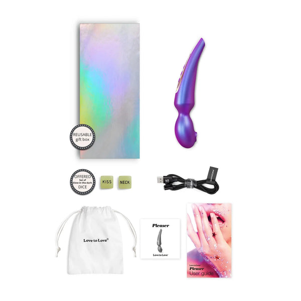 Love to Love Pleaser Iridescent Night vibrator with holographic gift box, USB cable, pouch, and accessories