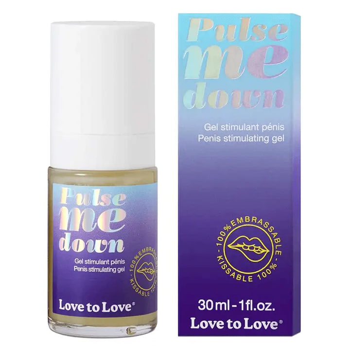 Love to Love Pulse Me Down penis stimulating gel, 30ml bottle with purple label beside matching box
