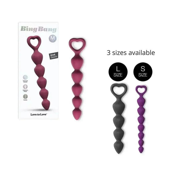 Love To Love Bing Bang anal beads in plum, shown with box and S, M, L size comparison
