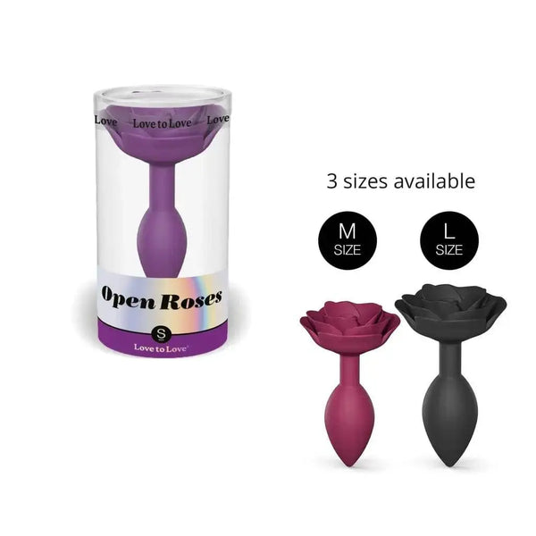 Love to Love Open Roses small purple silicone butt plug shown with clear cylindrical packaging and size comparison