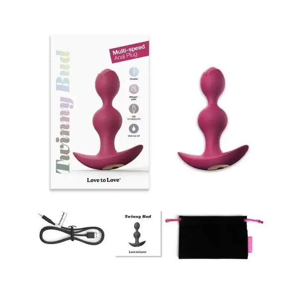 Love To Love Twinny Bud vibrating anal plug in plum star with box, charging cable, and pouch