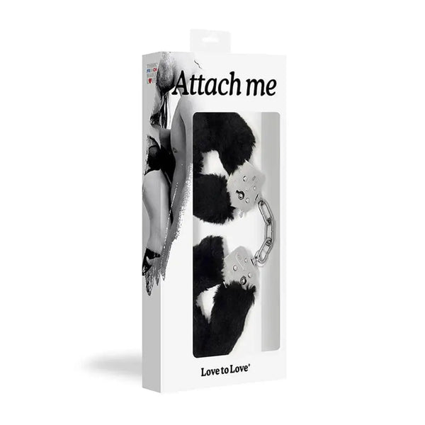 Love To Love Attach Me Handcuffs Black in white retail box with clear window panel
