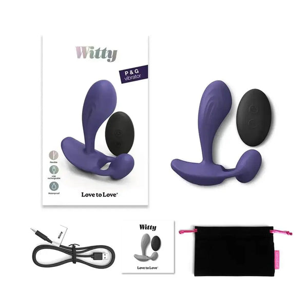 Love to Love Witty P&G vibrator kit with remote, charging cable, pouch, and box