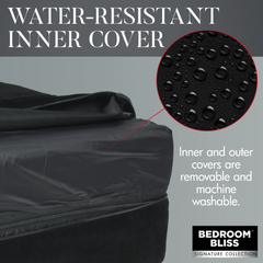 Close-up of Love Toy Cushion water-resistant inner cover with water droplets on black vinyl surface