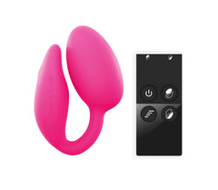Love To Love WonderLove pink couples vibrator and remote displayed flat, top angle