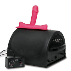 LoveBotz Saddle Pro black machine body with pink realistic dildo attachment and dial controller