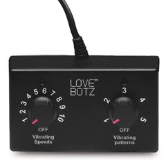 LoveBotz wired controller showing two dials for vibrating speeds 1–10 and patterns 1–5